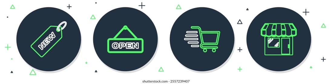 Set line Hanging sign with Open door, Shopping cart, Price tag New and Market store icon. Vector
