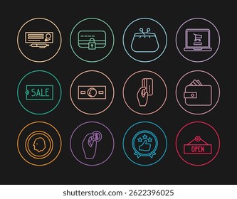 Set line Hanging sign with Open, Wallet paper money cash, Paper, Price tag text Sale, Bank check and, Hand holding credit card and Credit lock icon. Vector