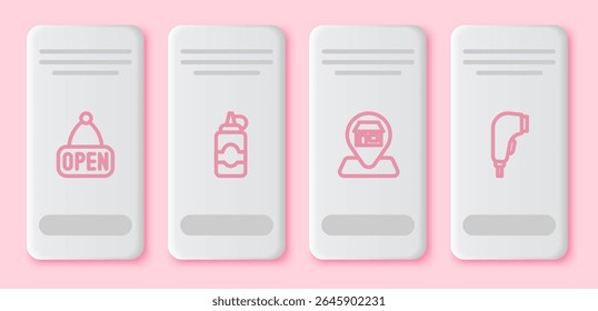 Set line Hanging sign with Open, Sauce bottle, Location Market store and Scanner scanning bar code. White rectangle button. Vector