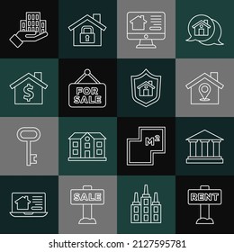 Set line Hanging sign with Rent, Museum building, Location house, Online real estate, For Sale, House dollar symbol, Skyscraper and shield icon. Vector