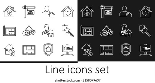 Set line Hanging sign with For Rent, House key, Realtor, Sold, plan, dollar,  and  icon. Vector