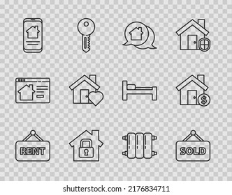 Set line Hanging sign with Rent, text Sold, Real estate message house, House under protection, Online real, heart shape, Heating radiator and dollar symbol icon. Vector