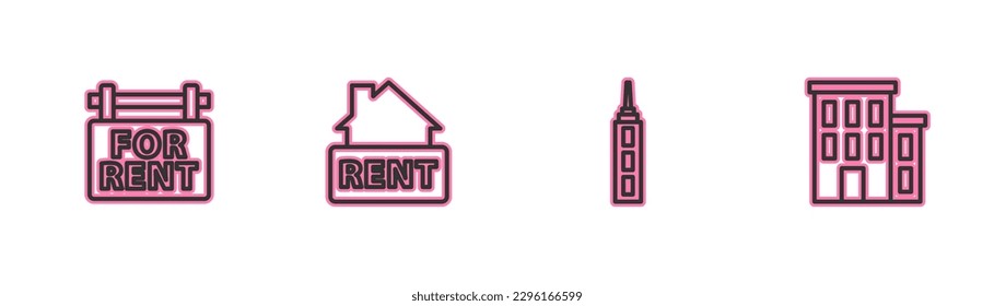 Set line Hanging sign with For Rent, Skyscraper,  and House icon. Vector