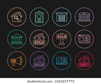 Set line Hanging sign with Rent, Online real estate house, Garage, text Sold, Museum building, Search, Sale and House contract icon. Vector