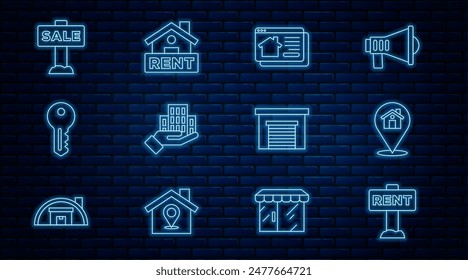 Set line Hanging sign with Rent, Location house, Online real estate, Skyscraper, House key, Sale, Garage and  icon. Vector