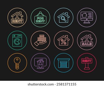 Set line Hanging sign with Rent, Sale, Search house, Skyscraper, Washer, House percant discount and For icon. Vector