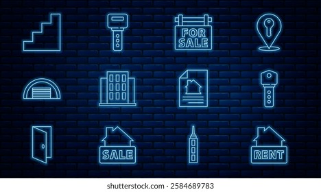 Set line Hanging sign with Rent, House key, For Sale, Garage, Staircase, contract and  icon. Vector