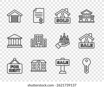 Set line Hanging sign with For Rent, House key, text Sold, Garage, Sale and  icon. Vector