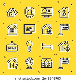 Set line Hanging sign with Rent, House under protection, Sold, Online real estate house, plan, Sale and dollar symbol icon. Vector
