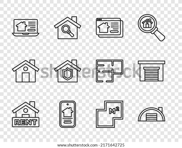 Set line Hanging\
sign with Rent, Warehouse, Online real estate, House shield, plan\
and Garage icon. Vector