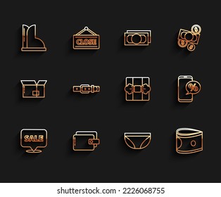 Set line Hanging sign with Sale, Wallet, Waterproof rubber boot, Underwear, Stacks paper money cash, Leather belt, Percent discount and phone and Gift box icon. Vector