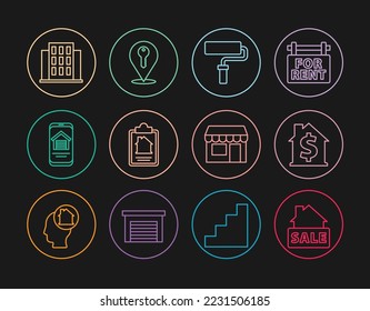 Set line Hanging sign with Sale, House dollar symbol, Paint roller brush, contract, Online real estate house, Market store and Location key icon. Vector
