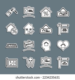 Set line Hanging sign with For Sale, House heart shape, Open house, percant, check mark, key and Rent icon. Vector