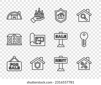 Set line Hanging sign with For Sale, House percant discount, shield, Warehouse, plan, Rent and key icon. Vector
