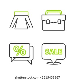 Set line Hanging sign with Sale, Discount percent tag, Briefcase and Skirt icon. Vector