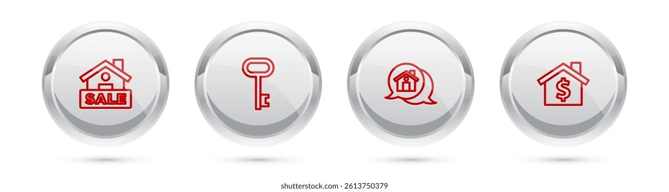 Set line Hanging sign with Sale, House key, Real estate message house and dollar symbol. Silver circle button. Vector