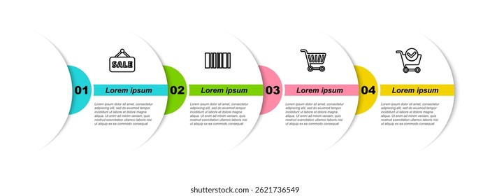 Set line Hanging sign with Sale, Barcode, Shopping cart and check mark. Business infographic template. Vector