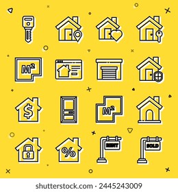 Set line Hanging sign with Sold, House, under protection, heart shape, Online real estate house, plan, key and Garage icon. Vector