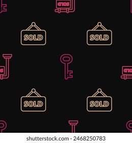 Set line Hanging sign with Sold, text and House key on seamless pattern. Vector