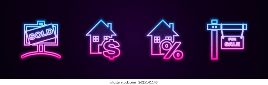 Set line Hanging sign with Sold, House dollar, percant and For Sale. Glowing neon icon. Vector