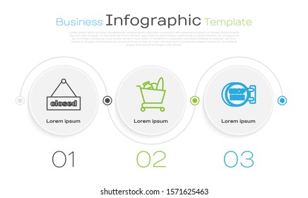 Set line Hanging sign with text Closed, Shopping cart and food and Signboard hanging with an inscription shop here. Business infographic template. Vector