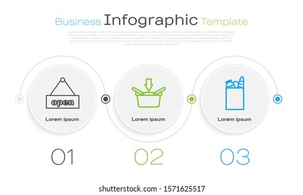 Set line Hanging sign with text Open door, Shopping basket and Paper shopping bag and food. Business infographic template. Vector