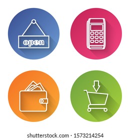 Set line Hanging sign with text Open door, Pos terminal, Wallet with stacks paper money cash and Add to Shopping cart. Color circle button. Vector
