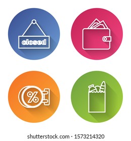 Set line Hanging sign with text Closed, Wallet with stacks paper money cash, Signboard hanging with an inscription discount percent and Paper shopping bag and food. Color circle button. Vector
