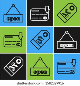 Set line Hanging sign with text Open door, Discount percent tag and Credit card icon. Vector