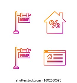 Set line Hanging sign with text Online Sale, Hanging sign with text Sold, Hanging sign with text Rent and House with percant discount tag. Gradient color icons. Vector