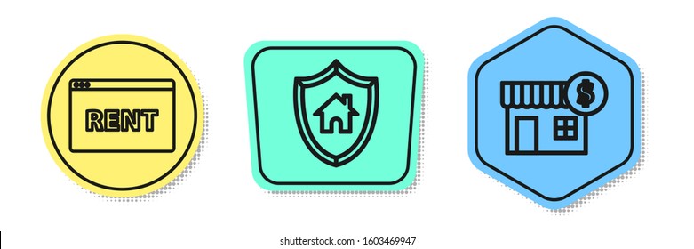Set line Hanging sign with text Online Rent, House with shield and House with dollar symbol. Colored shapes. Vector