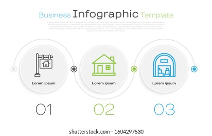 Set line Hanging sign with text Sale, House and Warehouse. Business infographic template. Vector