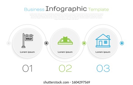 Set line Hanging sign with text Sold, Swimming pool with ladder and House. Business infographic template. Vector