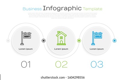 Set line Hanging sign with text Rent, Home symbol and Hanging sign with text Sale. Business infographic template. Vector