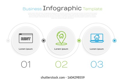 Set line Hanging sign with text Online Rent, Map pointer with house and Laptop and smart home. Business infographic template. Vector