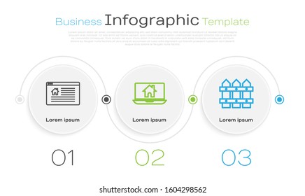 Set line Hanging sign with text Online Sale, Laptop and smart home and Garden fence wooden. Business infographic template. Vector