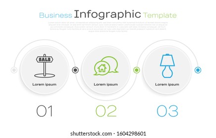 Set line Hanging sign with text Sale, House building in speech bubble and Table lamp. Business infographic template. Vector