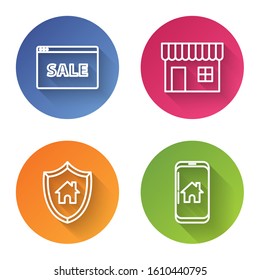 Set line Hanging sign with text Online Sale, Shopping building or market store, House with shield and Mobile phone with smart home. Color circle button. Vector