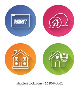 Set line Hanging sign with text Online Rent, House building in speech bubble, Home symbol and House with shield. Color circle button. Vector