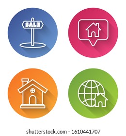 Set line Hanging sign with text Sale, Map pointer with house, House and Globe with house symbol. Color circle button. Vector
