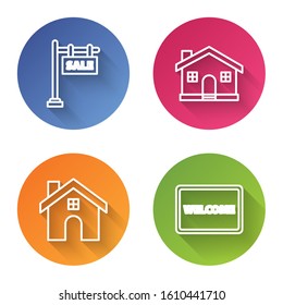 Set line Hanging sign with text Sale, House, House and Doormat with the text Welcome. Color circle button. Vector