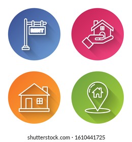 Set line Hanging sign with text Rent, Realtor, House and Map pointer with house. Color circle button. Vector