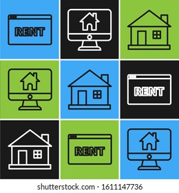 Set line Hanging sign with text Online Rent, House and Computer monitor with smart home icon. Vector