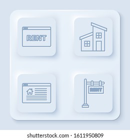 Set line Hanging sign with text Online Rent, House, Hanging sign with text Online Sale and Hanging sign with text Rent. White square button. Vector