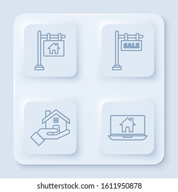 Set line Hanging sign with text Sale, Hanging sign with text Sale, Realtor and Laptop and smart home. White square button. Vector