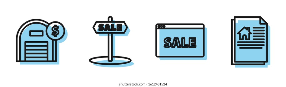 Set line Hanging sign with text Online Sale, Warehouse with dollar symbol, Hanging sign with text Sale and House contract icon. Vector