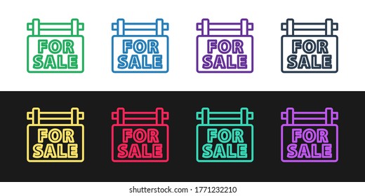 Set line Hanging sign mit Text For Sale Symbol einzeln auf schwarz-weißem Hintergrund. Unterschrift mit Text zum Verkauf. Vektorgrafik