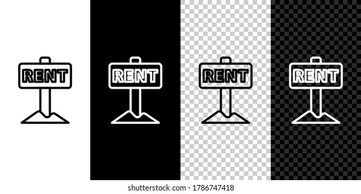 Fijar el signo de la línea Colgando con el texto Icono de alquilar aislado en fondo blanco y negro. Cartel con texto Para alquiler. Vector