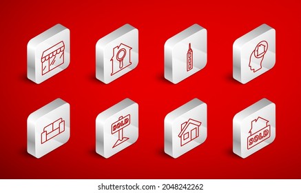 Set line Hanging sign with text Sold, Search house, Skyscraper, Man dreaming about buying, House, Market store,  and Sofa icon. Vector