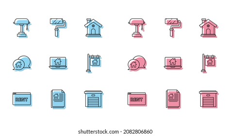 Set line Hanging sign with text Online Rent, House contract, Table lamp, Garage, Laptop and smart home, Sale, building speech bubble and Paint roller brush icon. Vector